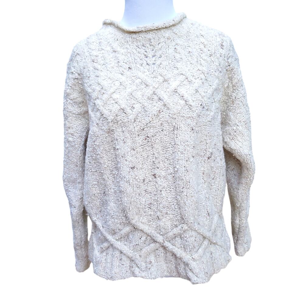 Vintage Woolrich Wool Blend Cable Knit Sweater Rolled Mock Neck Cream Sz M